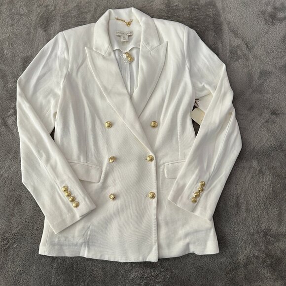 NWT Cynthia Rowley Double Breasted Knit Blazer MEDIUM White Gold Buttons - Picture 1 of 6